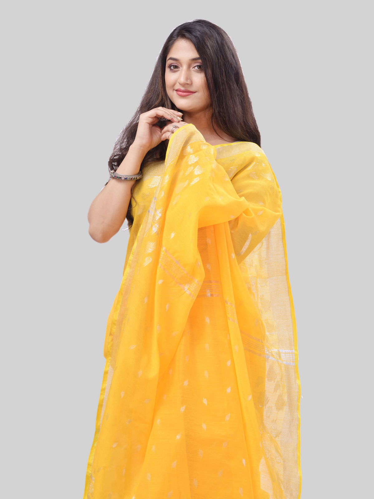 DESH BIDESH Women`s Tant Cotton Silk Handloom Cotton Saree Flowting Leaves Work With Blouse Piece(Yellow)